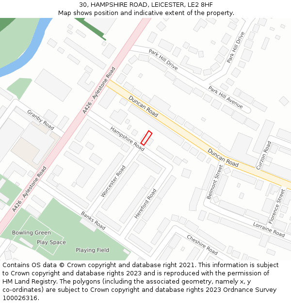 30, HAMPSHIRE ROAD, LEICESTER, LE2 8HF: Location map and indicative extent of plot