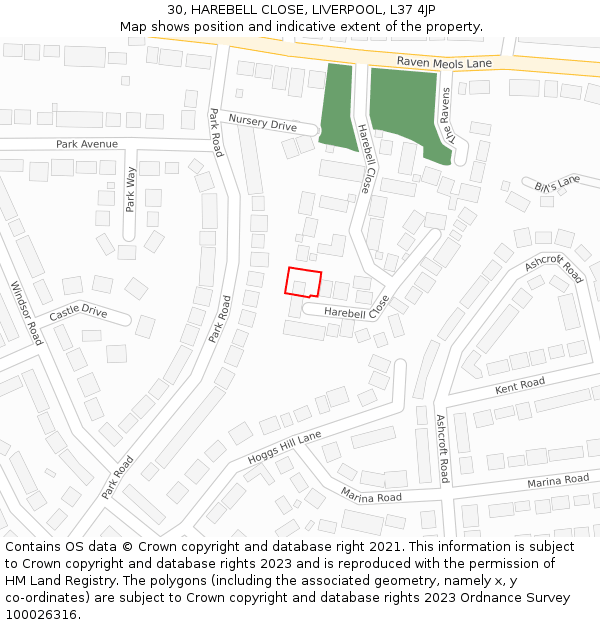 30, HAREBELL CLOSE, LIVERPOOL, L37 4JP: Location map and indicative extent of plot