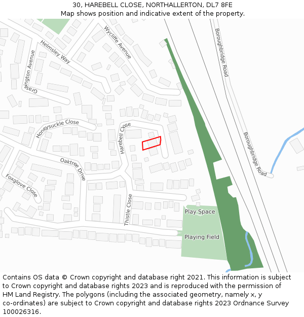 30, HAREBELL CLOSE, NORTHALLERTON, DL7 8FE: Location map and indicative extent of plot