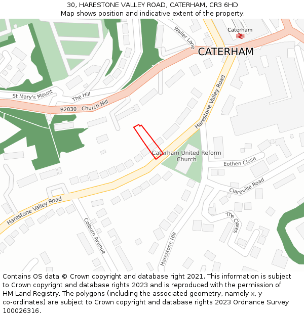 30, HARESTONE VALLEY ROAD, CATERHAM, CR3 6HD: Location map and indicative extent of plot