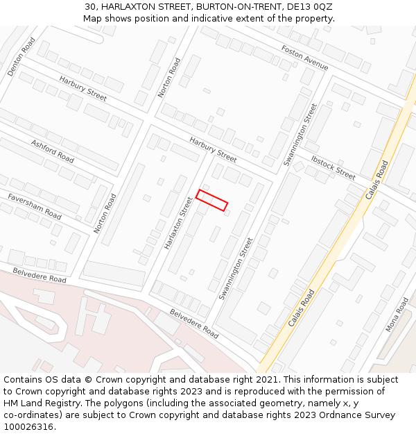 30, HARLAXTON STREET, BURTON-ON-TRENT, DE13 0QZ: Location map and indicative extent of plot