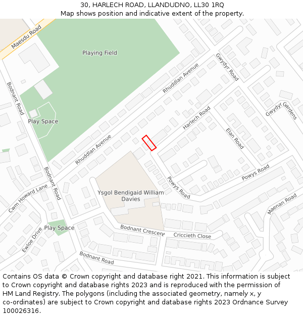 30, HARLECH ROAD, LLANDUDNO, LL30 1RQ: Location map and indicative extent of plot