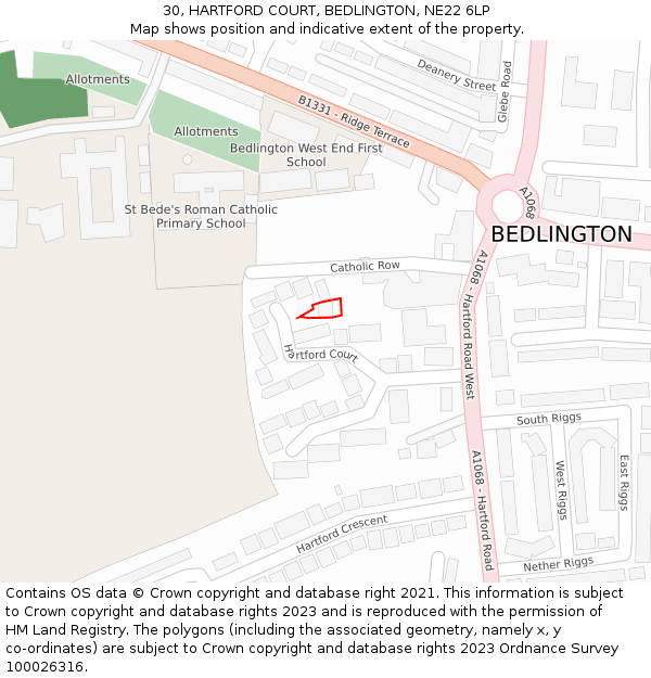 30, HARTFORD COURT, BEDLINGTON, NE22 6LP: Location map and indicative extent of plot