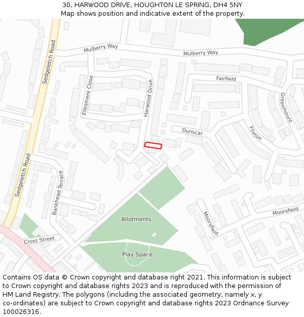 30, HARWOOD DRIVE, HOUGHTON LE SPRING, DH4 5NY: Location map and indicative extent of plot