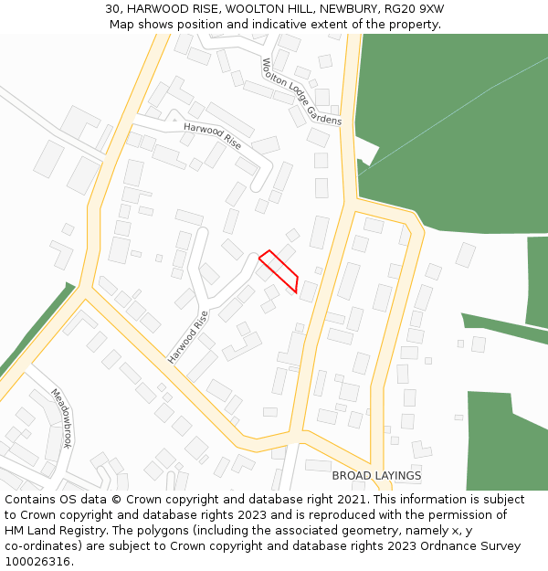 30, HARWOOD RISE, WOOLTON HILL, NEWBURY, RG20 9XW: Location map and indicative extent of plot