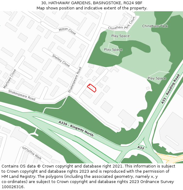 30, HATHAWAY GARDENS, BASINGSTOKE, RG24 9BF: Location map and indicative extent of plot