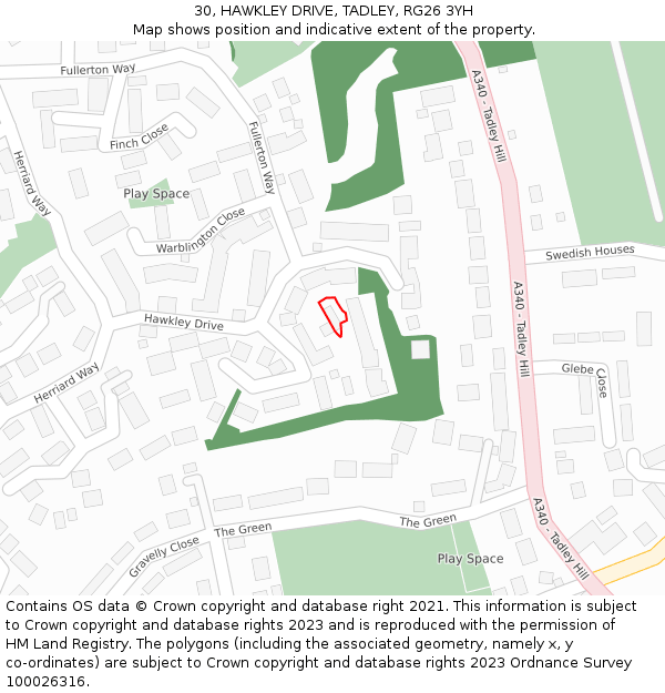 30, HAWKLEY DRIVE, TADLEY, RG26 3YH: Location map and indicative extent of plot
