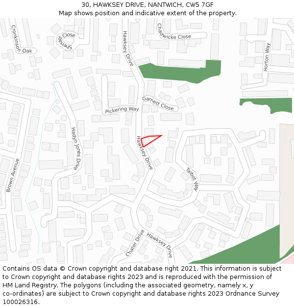 30, HAWKSEY DRIVE, NANTWICH, CW5 7GF: Location map and indicative extent of plot