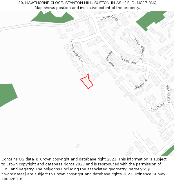 30, HAWTHORNE CLOSE, STANTON HILL, SUTTON-IN-ASHFIELD, NG17 3NQ: Location map and indicative extent of plot