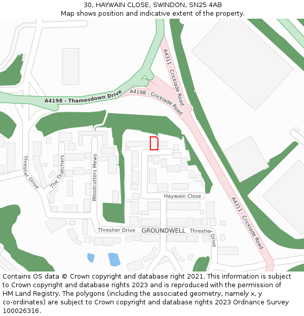 30, HAYWAIN CLOSE, SWINDON, SN25 4AB: Location map and indicative extent of plot