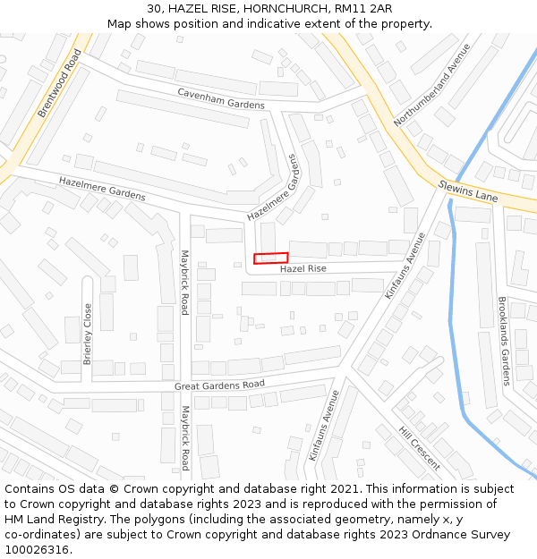 30, HAZEL RISE, HORNCHURCH, RM11 2AR: Location map and indicative extent of plot