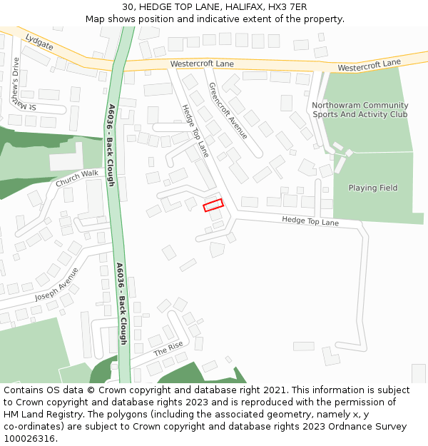 30, HEDGE TOP LANE, HALIFAX, HX3 7ER: Location map and indicative extent of plot