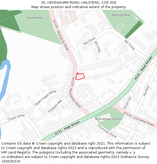 30, HEDINGHAM ROAD, HALSTEAD, CO9 2DE: Location map and indicative extent of plot