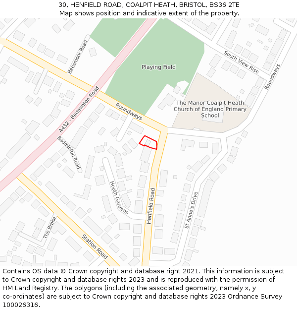 30, HENFIELD ROAD, COALPIT HEATH, BRISTOL, BS36 2TE: Location map and indicative extent of plot