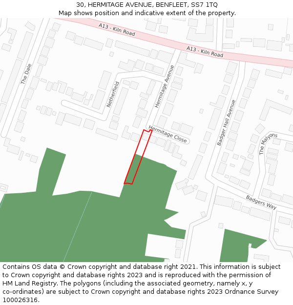 30, HERMITAGE AVENUE, BENFLEET, SS7 1TQ: Location map and indicative extent of plot