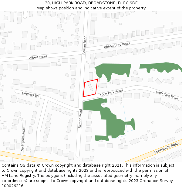30, HIGH PARK ROAD, BROADSTONE, BH18 9DE: Location map and indicative extent of plot