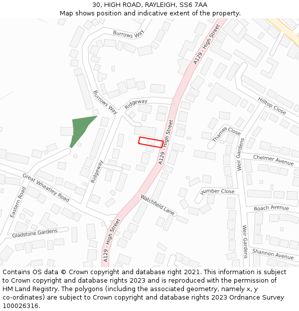 30, HIGH ROAD, RAYLEIGH, SS6 7AA: Location map and indicative extent of plot