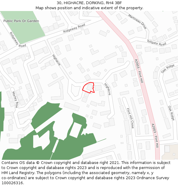 30, HIGHACRE, DORKING, RH4 3BF: Location map and indicative extent of plot