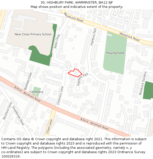 30, HIGHBURY PARK, WARMINSTER, BA12 9JF: Location map and indicative extent of plot