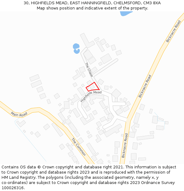 30, HIGHFIELDS MEAD, EAST HANNINGFIELD, CHELMSFORD, CM3 8XA: Location map and indicative extent of plot