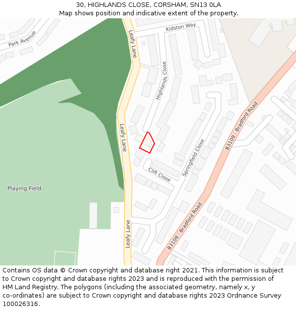 30, HIGHLANDS CLOSE, CORSHAM, SN13 0LA: Location map and indicative extent of plot