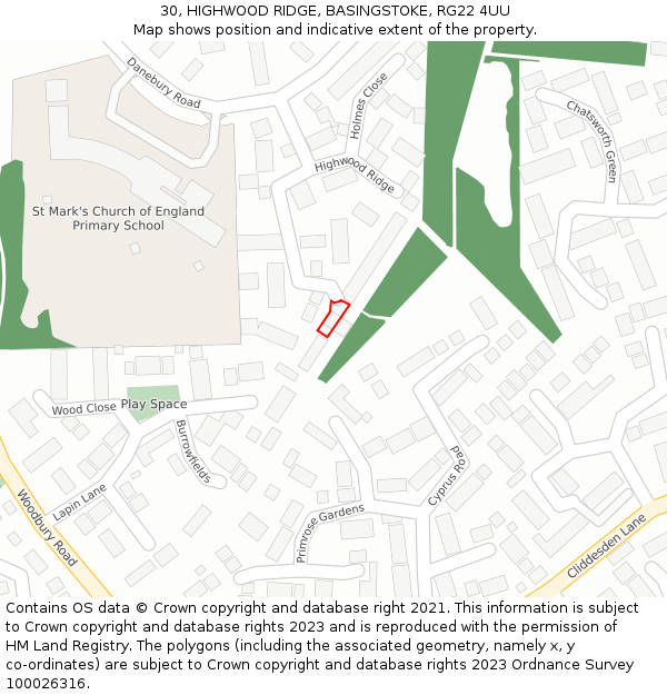 30, HIGHWOOD RIDGE, BASINGSTOKE, RG22 4UU: Location map and indicative extent of plot