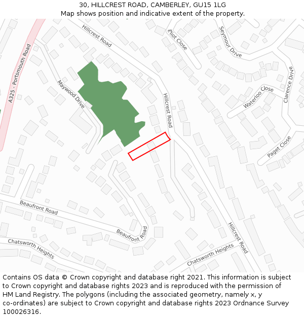 30, HILLCREST ROAD, CAMBERLEY, GU15 1LG: Location map and indicative extent of plot