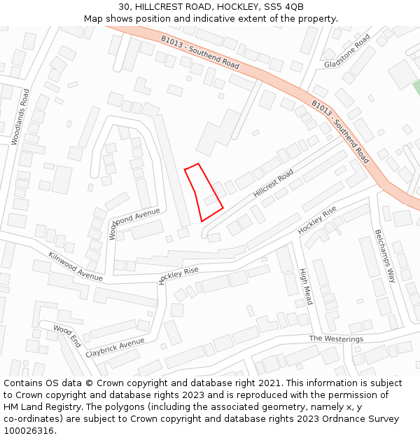 30, HILLCREST ROAD, HOCKLEY, SS5 4QB: Location map and indicative extent of plot