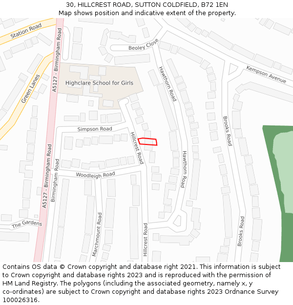 30, HILLCREST ROAD, SUTTON COLDFIELD, B72 1EN: Location map and indicative extent of plot