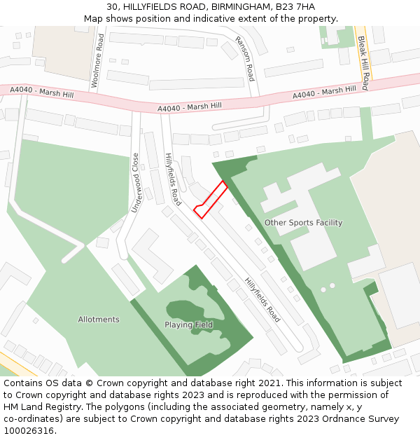 30, HILLYFIELDS ROAD, BIRMINGHAM, B23 7HA: Location map and indicative extent of plot