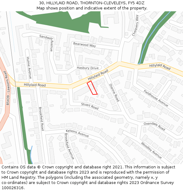 30, HILLYLAID ROAD, THORNTON-CLEVELEYS, FY5 4DZ: Location map and indicative extent of plot