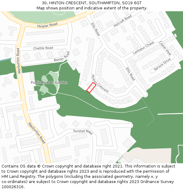 30, HINTON CRESCENT, SOUTHAMPTON, SO19 6GT: Location map and indicative extent of plot