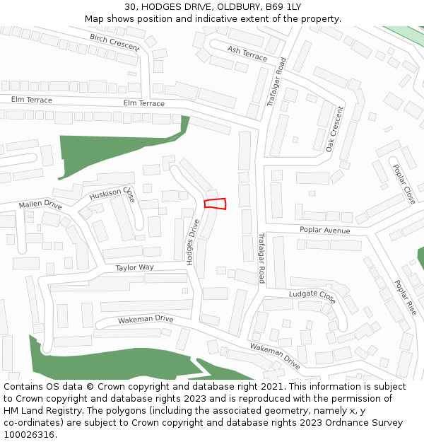 30, HODGES DRIVE, OLDBURY, B69 1LY: Location map and indicative extent of plot