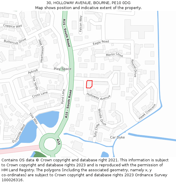 30, HOLLOWAY AVENUE, BOURNE, PE10 0DG: Location map and indicative extent of plot