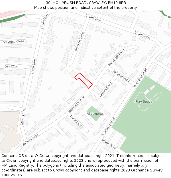 30, HOLLYBUSH ROAD, CRAWLEY, RH10 8EB: Location map and indicative extent of plot
