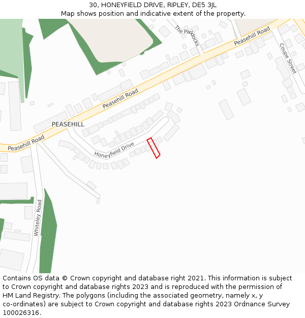 30, HONEYFIELD DRIVE, RIPLEY, DE5 3JL: Location map and indicative extent of plot