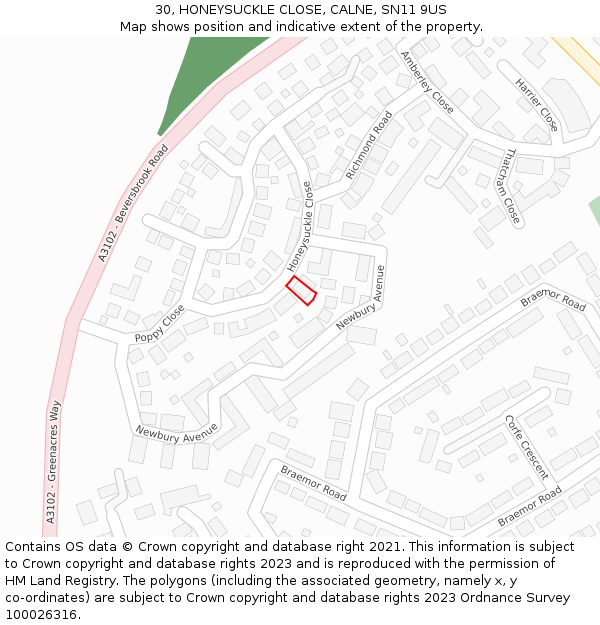 30, HONEYSUCKLE CLOSE, CALNE, SN11 9US: Location map and indicative extent of plot