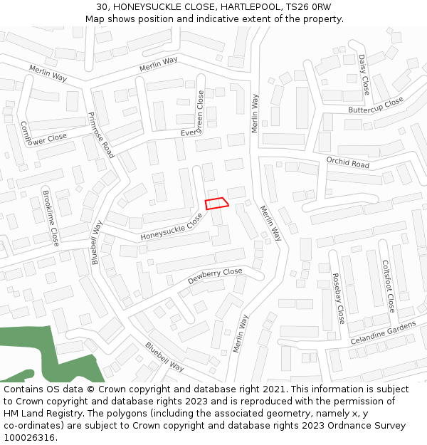 30, HONEYSUCKLE CLOSE, HARTLEPOOL, TS26 0RW: Location map and indicative extent of plot