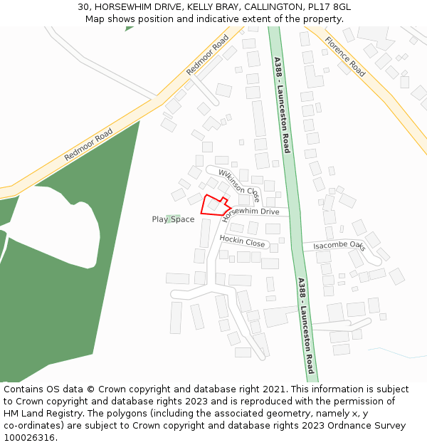 30, HORSEWHIM DRIVE, KELLY BRAY, CALLINGTON, PL17 8GL: Location map and indicative extent of plot