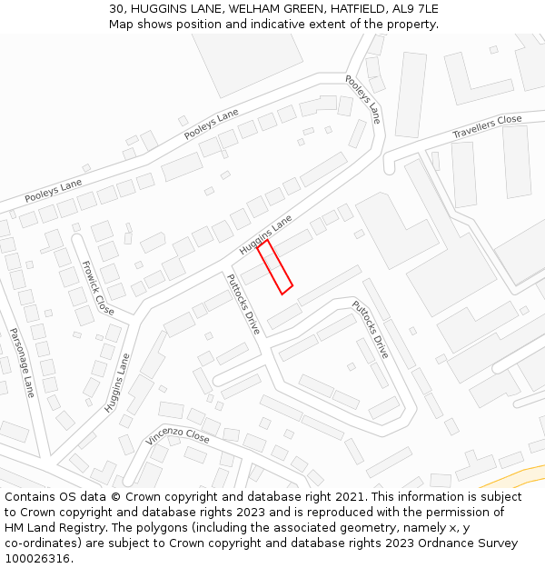 30, HUGGINS LANE, WELHAM GREEN, HATFIELD, AL9 7LE: Location map and indicative extent of plot