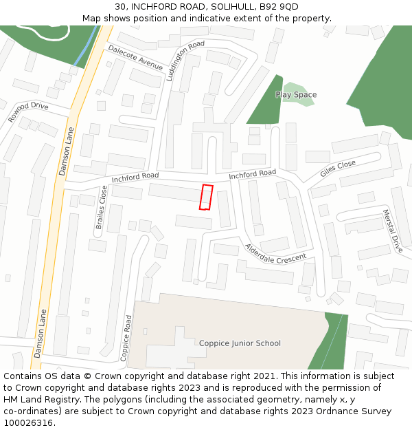 30, INCHFORD ROAD, SOLIHULL, B92 9QD: Location map and indicative extent of plot