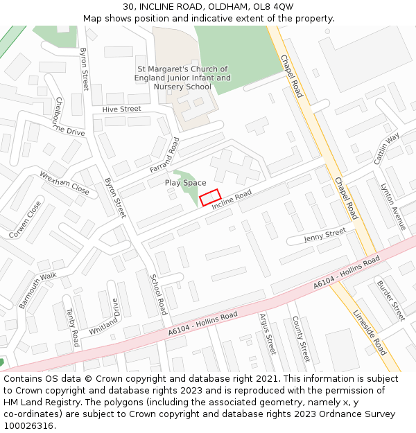 30, INCLINE ROAD, OLDHAM, OL8 4QW: Location map and indicative extent of plot