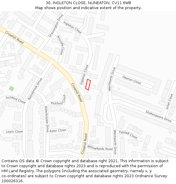 30, INGLETON CLOSE, NUNEATON, CV11 6WB: Location map and indicative extent of plot