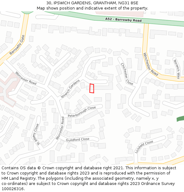 30, IPSWICH GARDENS, GRANTHAM, NG31 8SE: Location map and indicative extent of plot