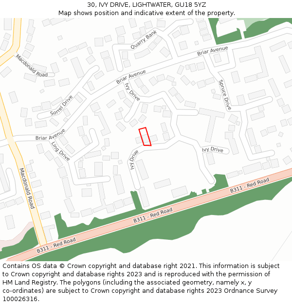 30, IVY DRIVE, LIGHTWATER, GU18 5YZ: Location map and indicative extent of plot