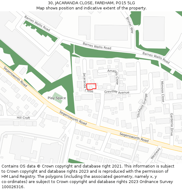 30, JACARANDA CLOSE, FAREHAM, PO15 5LG: Location map and indicative extent of plot