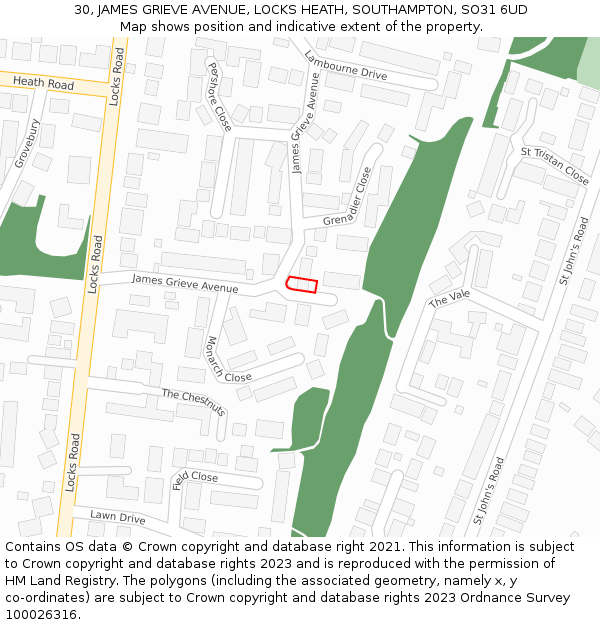 30, JAMES GRIEVE AVENUE, LOCKS HEATH, SOUTHAMPTON, SO31 6UD: Location map and indicative extent of plot