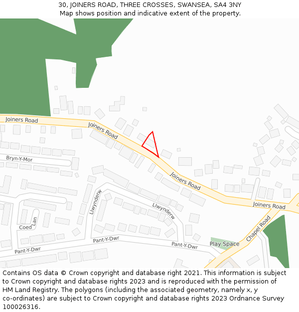 30, JOINERS ROAD, THREE CROSSES, SWANSEA, SA4 3NY: Location map and indicative extent of plot