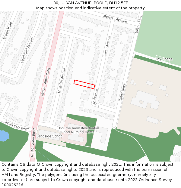 30, JULYAN AVENUE, POOLE, BH12 5EB: Location map and indicative extent of plot