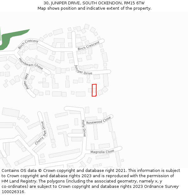 30, JUNIPER DRIVE, SOUTH OCKENDON, RM15 6TW: Location map and indicative extent of plot